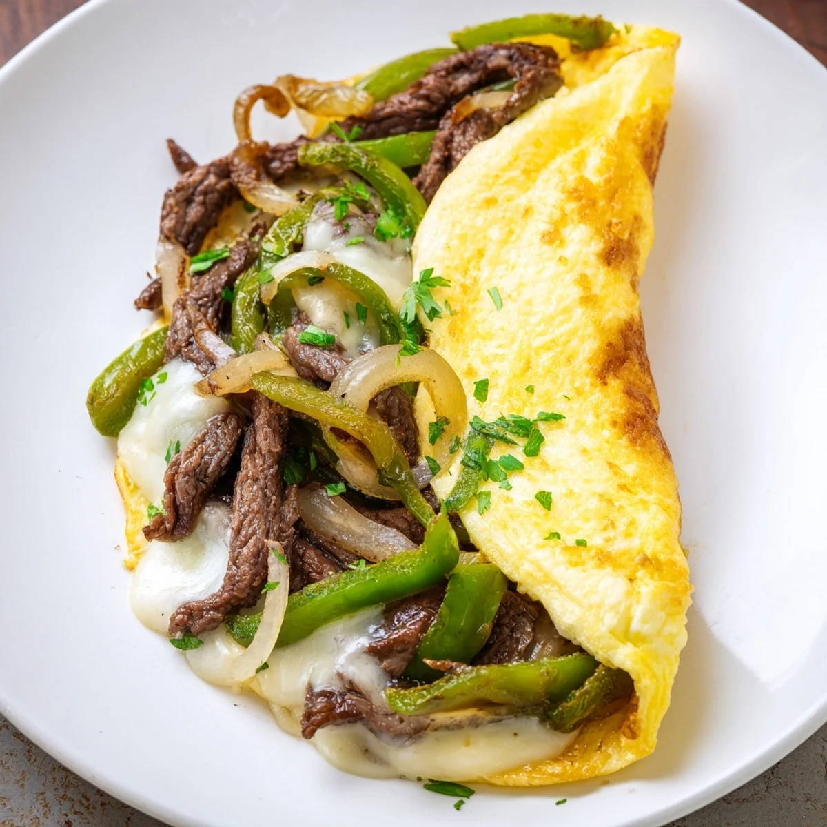Fluffy omelette stuffed with savory sautéed beef, onions, and gooey provolone slices.