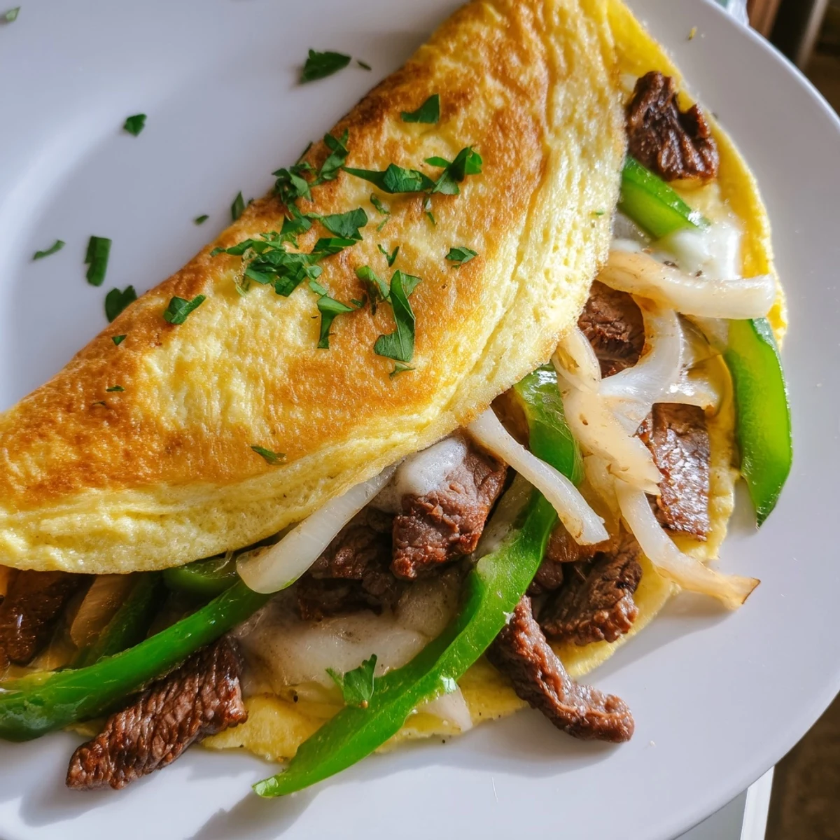 Golden Philly Cheesesteak Omelette filled with tender steak, peppers, and melted provolone cheese.