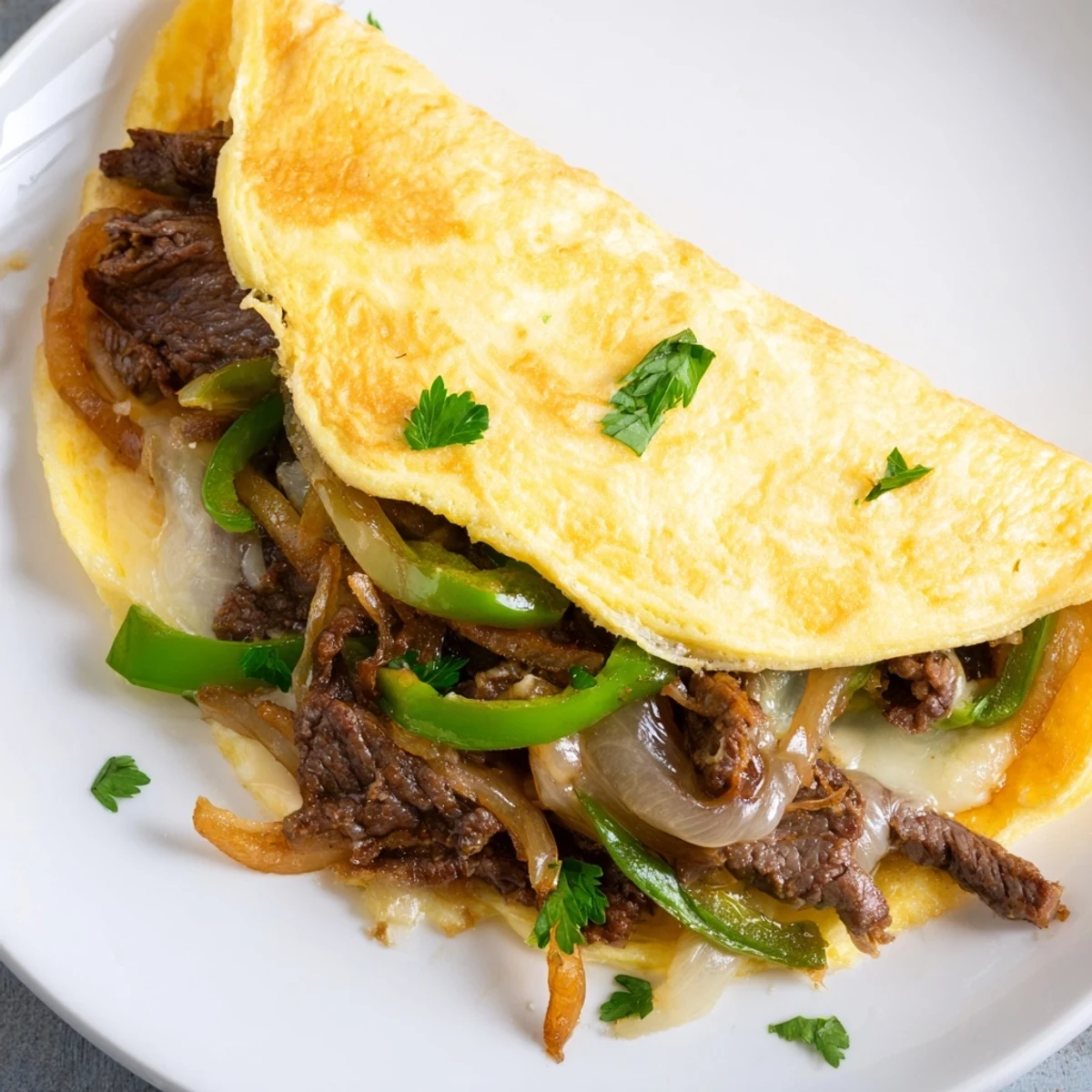 Delicious breakfast dish featuring a Philly Cheesesteak Omelette with cheesy, hearty steak filling.