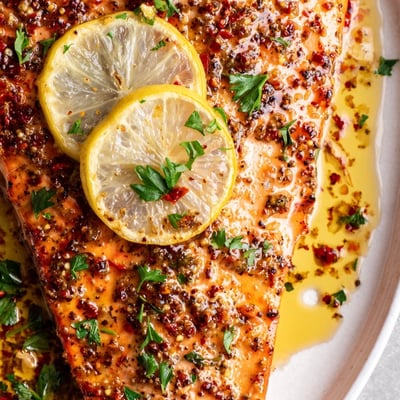 Golden-baked salmon fillets and crisp-tender green beans on a rustic sheet pan garnished with parsley. 