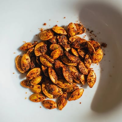 Freshly roasted Spiced Pumpkin Seeds with Salt in a white bowl, garnished with fresh parsley, perfect for snacking.