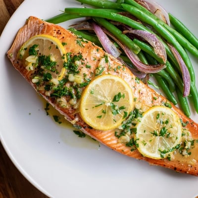 Crisp green beans and tender salmon fillets roasted with lemon butter sauce on a parchment-lined sheet pan.
