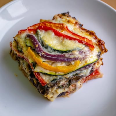 Fork-ready slice of Roasted Vegetable Lasagna with Creamy Bechamel Sauce on a plate next to fresh salad.
