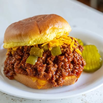 A close-up of classic American Beef Sloppy Joes on buttery toasted buns, ready to be served with a side of crunchy potato chips.