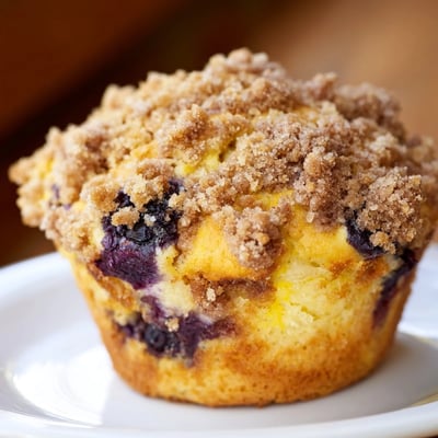 A close-up view of Lemon Blueberry Muffins reveals juicy blueberries and a golden, buttery Streusel Crumb Topping.
