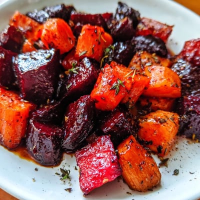 Tender carrots, parsnips, and sweet potatoes coated in a sweet-tangy balsamic glaze, served hot alongside grilled chicken. 