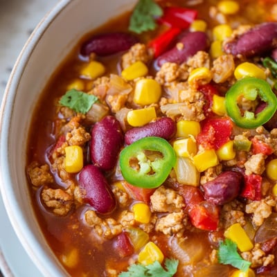 A ladle serves up savory Turkey Chili with Kidney Beans and Corn beside warm cornbread.