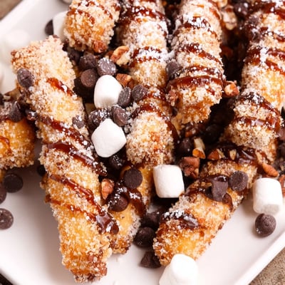 A close-up of the Salted Caramel Apple Fries Board showing crispy panko-coated sticks, fluffy marshmallows, and fresh raspberries.