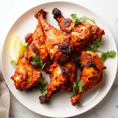 Tandoori Chicken pieces resting on a platter with lemon wedges and fresh cilantro garnish.
