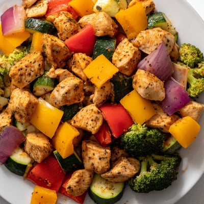 Juicy chicken and colorful vegetables from the 10-minute air fryer recipe, glistening with olive oil and spices on a plate.