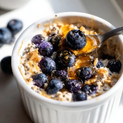 A close-up view of Baked Blueberry Cottage Cheese Breakfast Bowls topped with toasted almonds and a honey drizzle, perfect for a vegetarian meal.