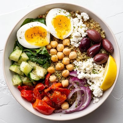 High Protein Mediterranean Breakfast Bowls served with Greek yogurt, roasted red peppers, cherry tomatoes, olives, and fresh parsley on a wooden table.