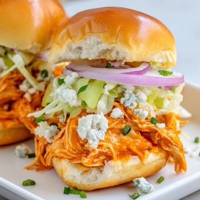 Freshly baked Spicy Buffalo Chicken Sliders arranged on a parchment-lined baking sheet with celery sticks, ready for a game day party platter.