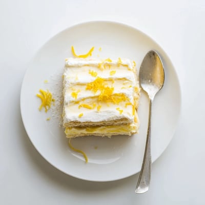 No bake lemon tiramisu slices revealing soaked ladyfingers and tangy mascarpone cream