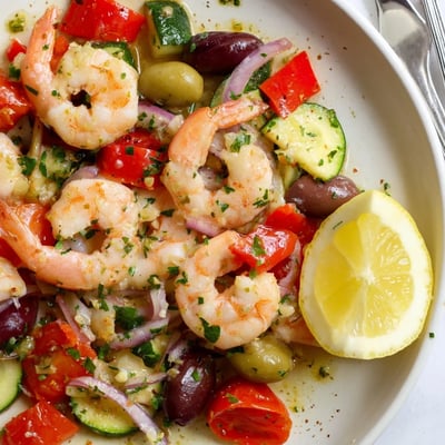 Juicy pink shrimp nestled in a bubbling Mediterranean shrimp skillet with herbs