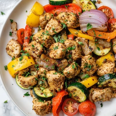 Sizzling skillet of quick flavorful one pan dish garnished with fresh parsley