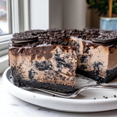 Decadent Oreo chocolate cheesecake with a cookie crumb crust topped with crushed Oreos and glossy ganache