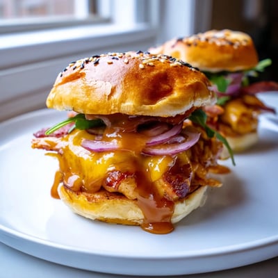 Crispy bacon and glazed chicken tucked into buttery slider buns drizzled with sweet maple sauce