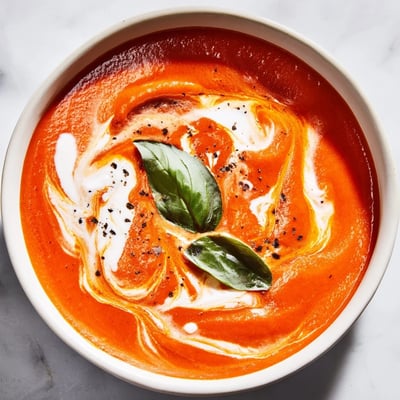 Steamy bowl of creamy roasted tomato basil soup served with crusty bread
